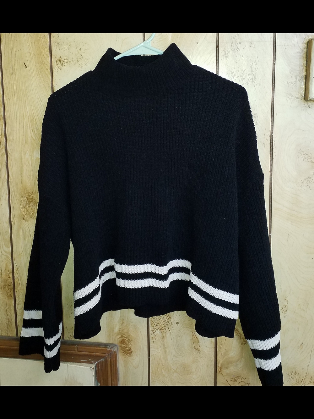 Sanctuary Black Mock Neck Sweater with White Stripe Hem